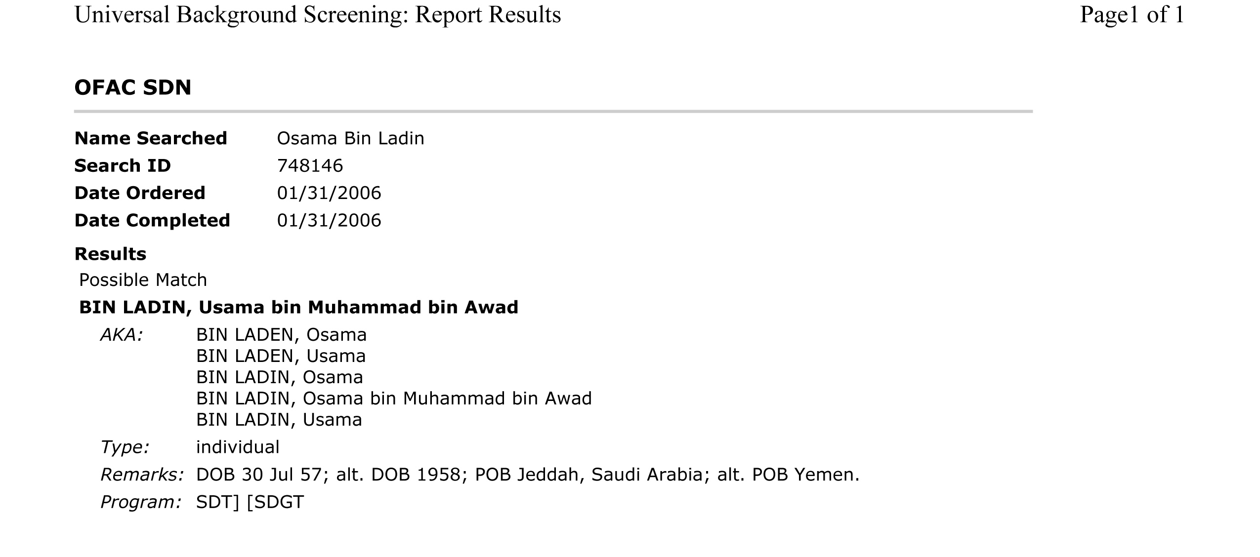 license ofac sample Universal   Background Screening OFAC Search SDN